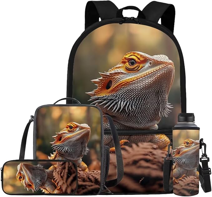 Dragon Lizard Backpack for Kids Boys Backpack with Lunch Box Water Bottle Holder with Strap and Soft Pencil Case 4PCS Set Bookbag with Front Pocket 17 inch Large Capacity School Bag for Girls by ELEDIZI
