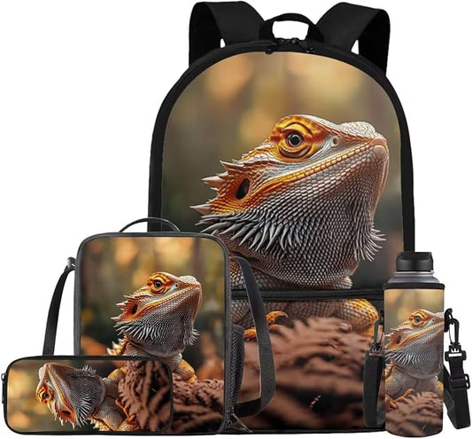 Dragon Lizard Backpack for Kids Boys Backpack with Lunch Box Water Bottle Holder with Strap and Soft Pencil Case 4PCS Set Bookbag with Front Pocket 17 inch Large Capacity School Bag for Girls by ELEDIZI