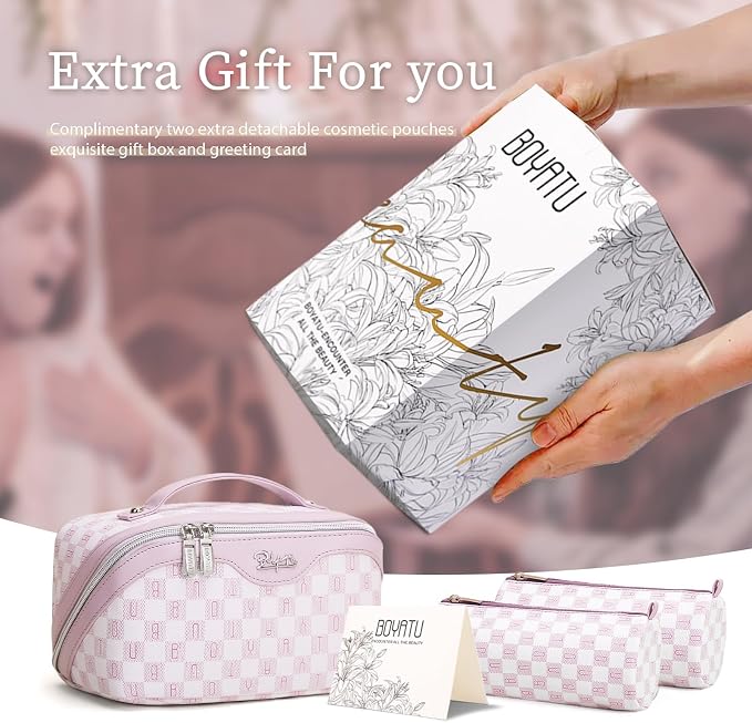 BOYATU Travel Makeup Bag Organizer Cosmetic Bag: 3 Pcs Set Make up Bags for Women with Handle - Waterproof Vegan Leather Toiletry Bags Travel Essentials Pouch with Compartments (H-05-Pink) - Image 5