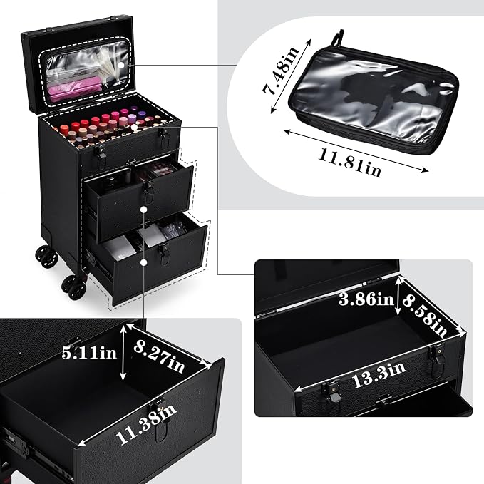 Faquenc Rolling Makeup Train Case with 2 Extra Large Drawers Nail Organizer Case with Wheels Traveling Cosmetology Case with Makeup Pouch for Mobile Stylist Artists Nail Salon Cart Trunk Black - Image 6
