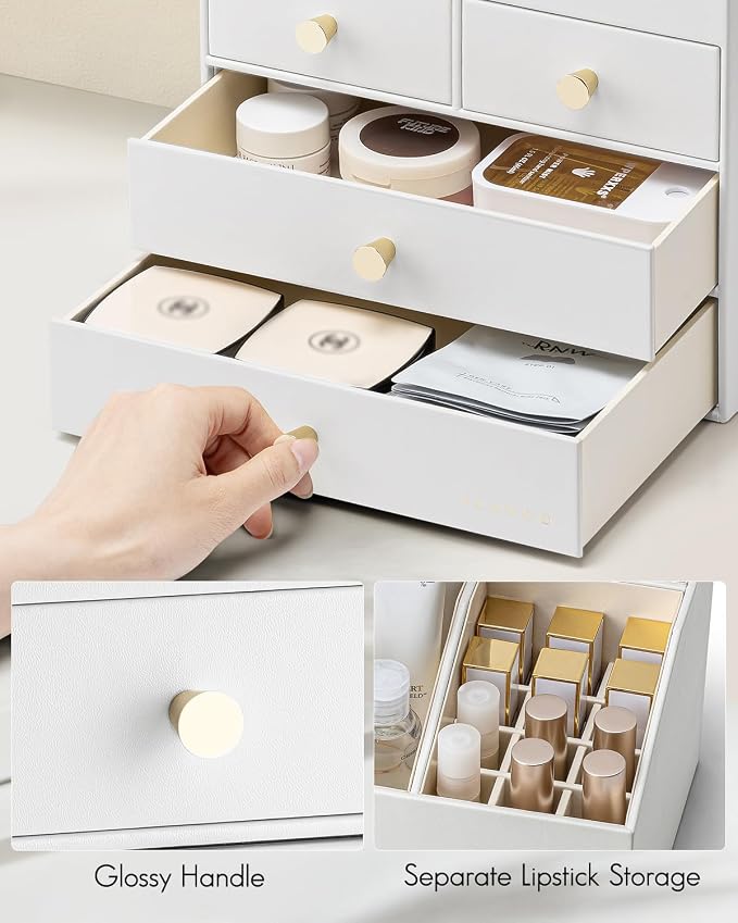 VLANDO Makeup Organizer,Vanity Organizer with Drawers, PU Leather Skincare Organizer Perfume Organizer,Large Cosmetic Display Case for Lipstick,Brushes Gifts for Women, White, 4 Layer - Image 5