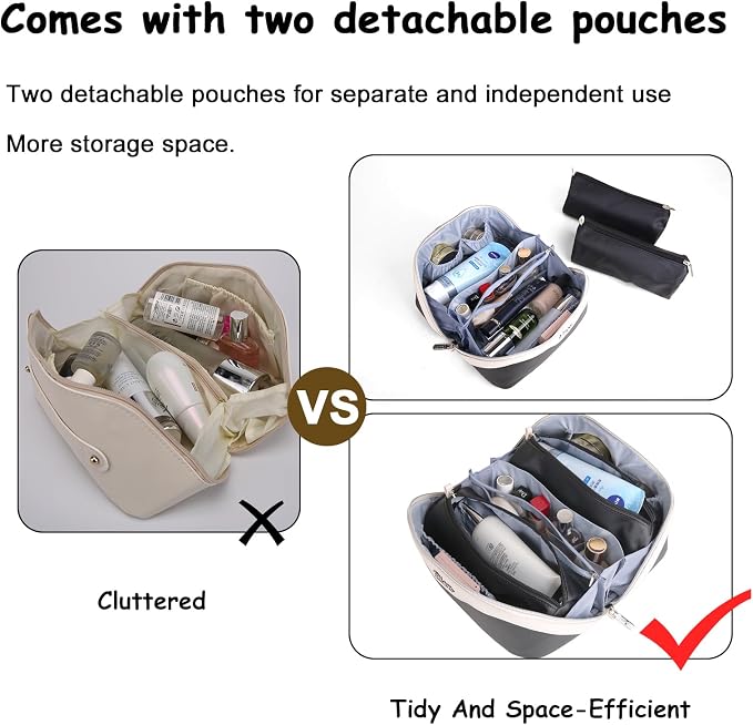 BOYATU Travel Makeup Bag Organizer Cosmetic Bag: 3 Pcs Set Make up Bags for Women with Handle - Waterproof Vegan Leather Toiletry Bags Travel Essentials Pouch with Compartments (A-01-Black) - Image 3