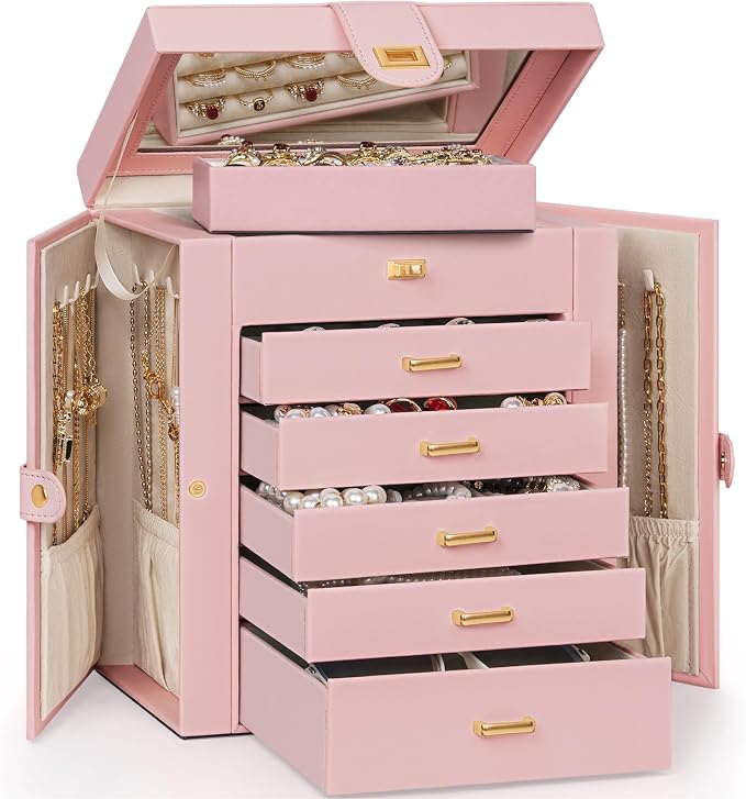 AKOZLIN 6-Tier Jewelry Box Organizer Functional 5 Drawers Leather Jewelry Storage Case for Women Girls Ring Necklace Earring Bracelet Holder Organizer with Mirror Medium Pink - Image 7