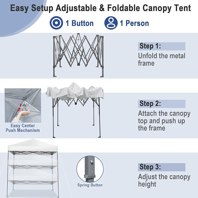 6.6 x 6.6 Ft Pop Up Canopy, 1 Person Instant Setup Canopy Tent with Push Center Lock, 8 Stakes, 4 Ropes & Carrying Bag, Portable Easy Up Gazebo Shelter for Outdoor Camp, Beach, Patio & Party - Image 4