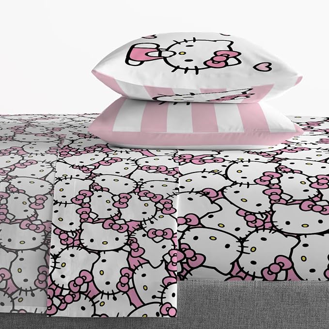 Jay Franco Sheet Set with Fitted, Flat Sheets & Pillow Cover - Ultra-Soft Bedding with Pillowcase for Room Decor, Multi - Hello Kitty, 4 Piece King - Image 6
