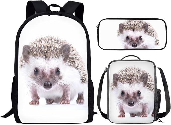 Kids Novelty Animal Backpack and Lunch Box for Boys Girls Student Lightweight 17 Inch School Hedgehog Backpack with Lunch Bag Pencil Case Kids Comfy Padded Black Large Bookbag - Image 2
