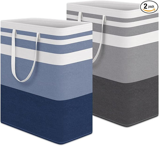 HomeHacks 2 Pack Large Laundry Baskets, Waterproof, Freestanding Laundry Hampers, Collapsible Clothes Hamper with Reinforced Handles in Laundry, College Dorm, Bathroom, Bedroom (Grey+Blue, 125Lx2) by HomeHacks