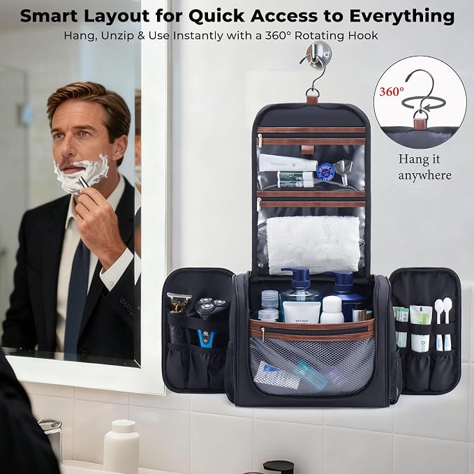 Ralnitote Large Hanging Toiletry Bag for Men, Travel Bathroom Bag with Hook, Hygiene Bag Organizer for Shower, Shaving & Grooming Essentials, Black - Image 3