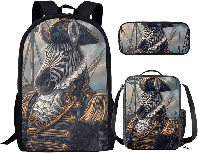 17 Inch Animal Print School Backpack And Lunch Box Set for Kids Lightweight Funny Pirate Zebra Backpack for Boys Girls Sturdy School Bag with Insulated Lunchbox Pencil Case Student Bookbag by Parprinty