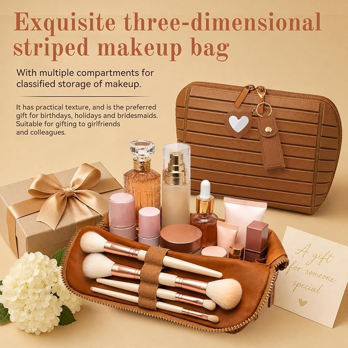 Large Capacity Travel Cosmetic Bag, Foldable Standing Makeup Organizer, Waterproof PVC Makeup Bag with Adjustable Dividers, 27 Pockets and 3 Makeup Brush Slots for Travel Home. (Brown) - Image 6