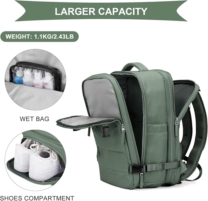 coowoz Large Travel Backpack For Women Men, Carry On Backpack,Hiking Backpack Waterproof Outdoor Sports Rucksack Casual Daypack Expandable Heavy Duty Extra large Backpack Olive Green - Image 6