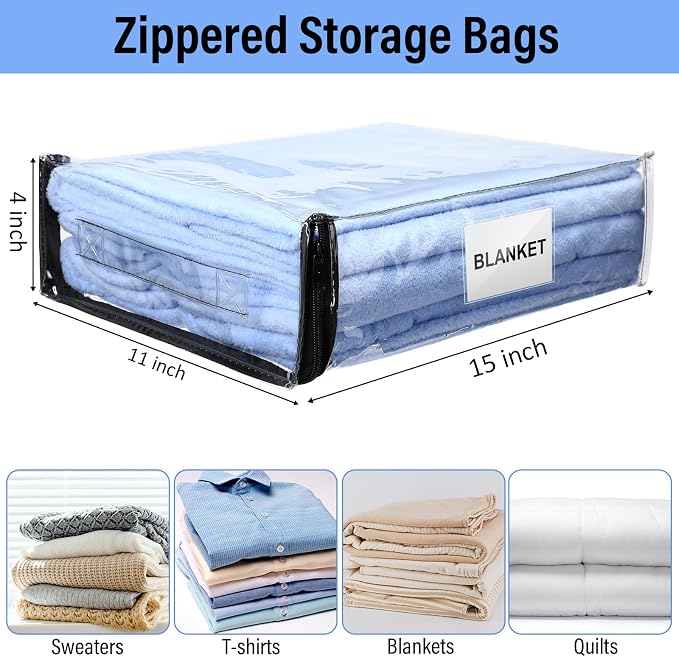 Kenning 20 Pcs Clear Zippered Storage Bags for Sheet Plastic Sweater Bag with Handle and Label Pocket Vinyl Stackable Closet Organizer Moving Bag for Bed Blanket Clothes Pillow(Black,11 x 15 x 4 Inch) - Image 2