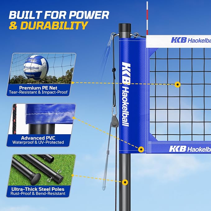Haokelball Outdoor Volleyball Net Set for Backyard, 32FT Regulation, 3-Level Adjustable Height & Anti-Sag Tension System, Heavy Duty Thick Poles, Includes Volleyball, Pump, Boundary Line and Carry Bag - Image 6