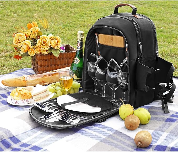 Sunflora Picnic Backpack for 4 Person Set Pack with Insulated Waterproof Pouch for Family Outdoor Camping (Black) - Image 6