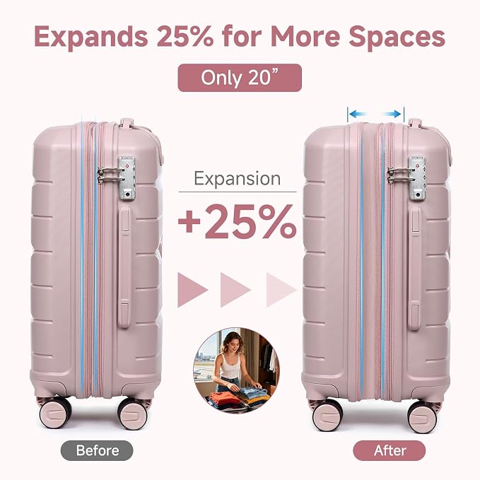 Somago 20" Carry On Luggage and 14" Mini Cosmetic Cases Travel Set Lightweight Polypropylene Suitcase with TSA Lock YKK Zipper Hardside Luggage with Spinner Wheels (2 Piece Set, Nude Pink) - Image 2