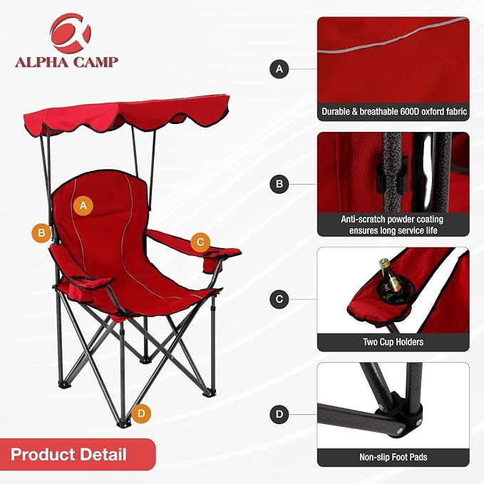 ALPHA CAMP Oversized Camping Chair with Shade Canopy, Folding Lawn Chairs - Image 4