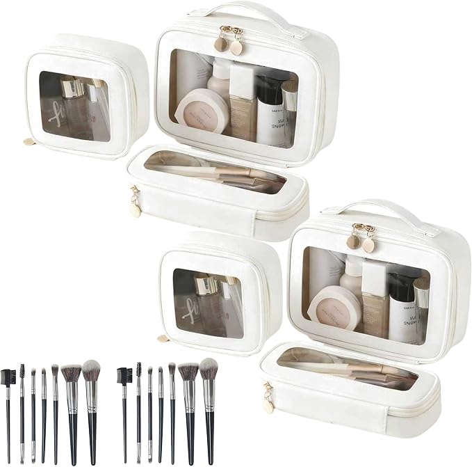 2 Complete Sets of 3-Size Makeup Bags | Premium Transparent & Waterproof Cosmetic Organizer Storage Bag | Travel Toiletry & Skincare Storage Set (White+Black) (White, L+M+S+MakeupBrushes) by LAZYTAIL