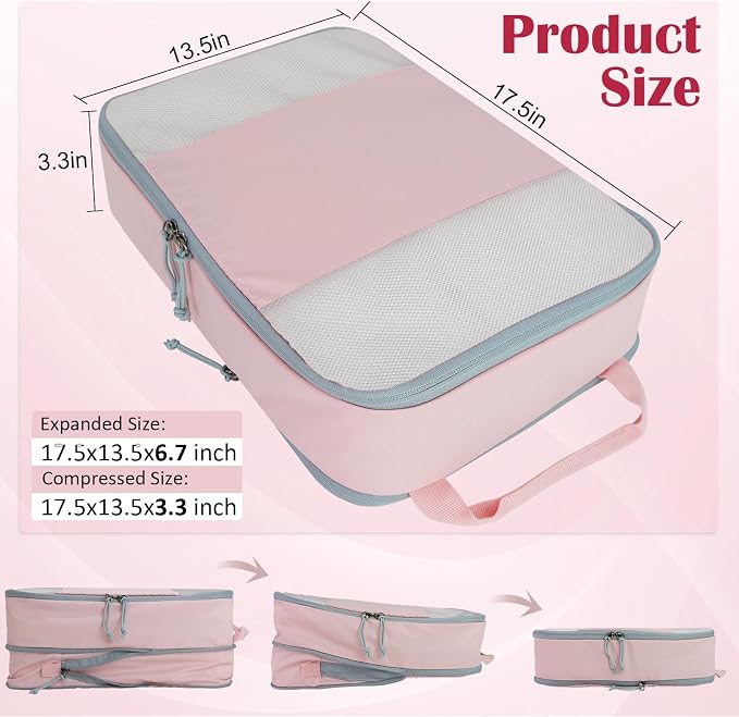 Extra Large Compression Packing Cubes, 2 Set Compression bags for Travel Packing Organizer, Expandable Compression Cubes for Travel, Pink Mesh - Image 4
