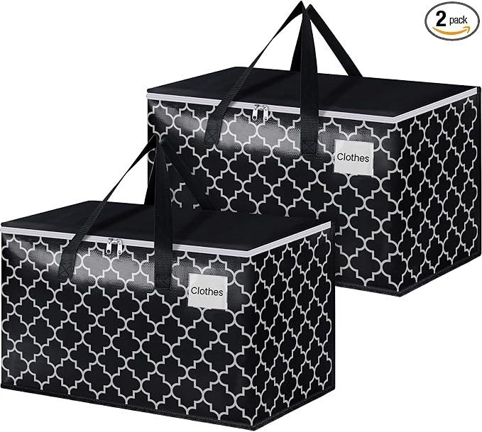 HomeHacks Heavy Duty Moving Bags with Tag Pockets, Collapsible Storage Totes for Moving, Camping & Travel -Foldable Packing Boxes, Zipper Handles, Black（2 Packs, 100L） by HomeHacks