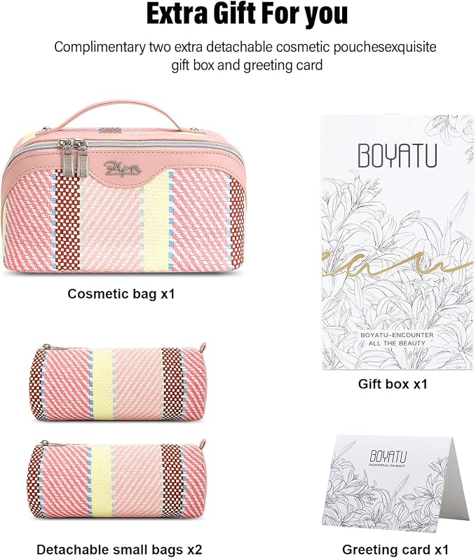 BOYATU Travel Makeup Bag Cosmetic Bag for Women: 3 Pcs Set Make up Bag with Compartments - Waterproof Vegan Leather Toiletry Bags with Handle - Makeup Organizer for Travel Essentials(C-3-Pink) - Image 6