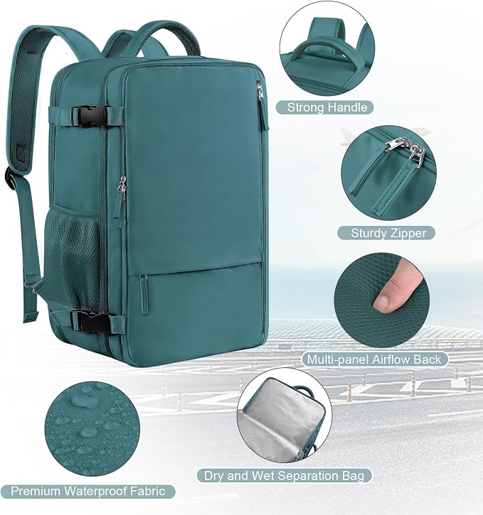 Sinaliy Travel Backpack for Men, 40L Carry On Backpack, 17 Inch Laptop Backpack, Waterproof Backpack, College Bookbag, Person Item Flight Approved Trave Bag for Women | Waterproof Large Expandable College Bookbag, as Person Item Flight Approved with An... - Image 5