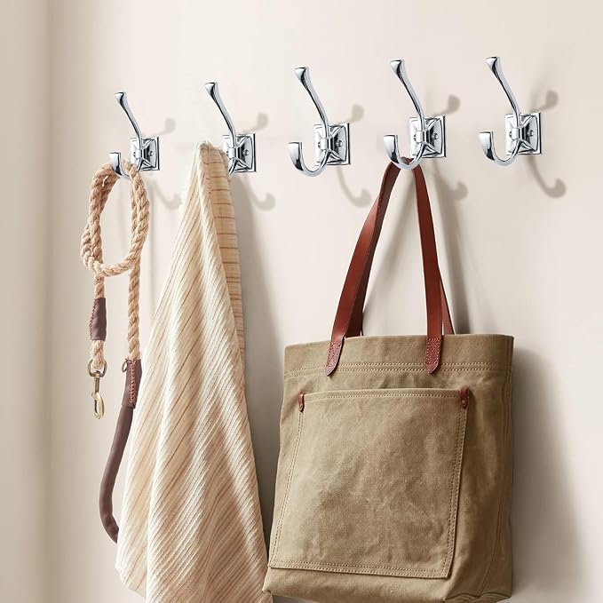 Large Wall Hooks - 2 Pack Polished Chrome Coat Hooks for Hanging Coats, Towels, Robes - 4.35 Inch Double Wall Mounted with Screws for Keys, Bags, Cups, Hats - Image 4