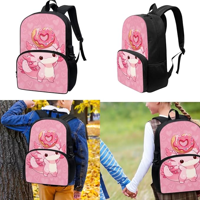 Axolotl Donuts 3Pcs Backpack Sets, Kids Bookbags Primary School Daypack Elementary Students Knapsack with Insulated Lunch Box Pencil Case for Teens - Image 2