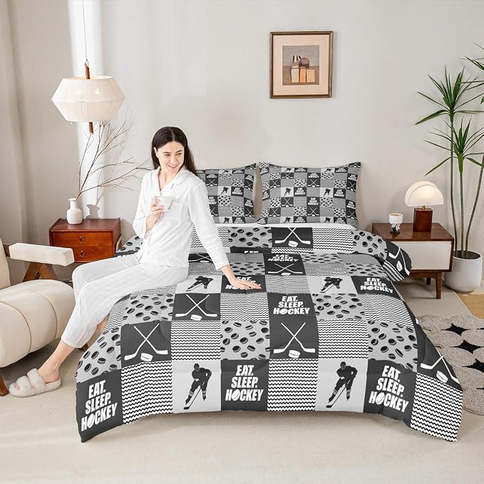 Ice Hockey Comforter Sets For Boys Full Black White Grey Winter Sports Games Down Comforter Kids Teen Room Decor,Hockey Pucks Player Bedding Set Geometric Checkered Stripes Quilt Duvet 2 Pillow Cases - Image 4
