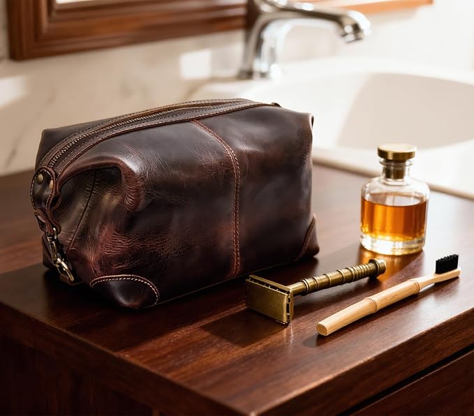 RUSTIC TOWN Full Grain Leather Toiletry Bag for Men & Women – Handcrafted Travel Dopp Kit – Large Water-Resistant Makeup & Shaving Organizer, Walnut Brown - Image 5