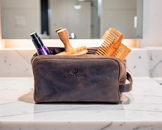 Full Grain Leather Toiletry Bag for Men & Women Travel Pouch, Travel Shaving Kit Organizer with YKK Zipper, Spacious Bathroom Grooming & Cosmetic Storage Case - Waterproof Lining (Dark Brown) - Image 8