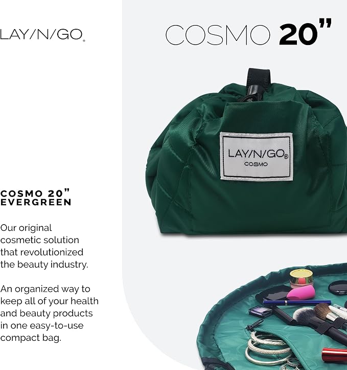 Lay-n-Go Cosmo Lay Flat Drawstring Cosmetic & Makeup Bag Organizer - Zipper Pocket, Brush Loops & More - Durable, Machine Washable Toiletry Carrier for Travel, Cinch Closure, Gift (20", Evergreen) - Image 2