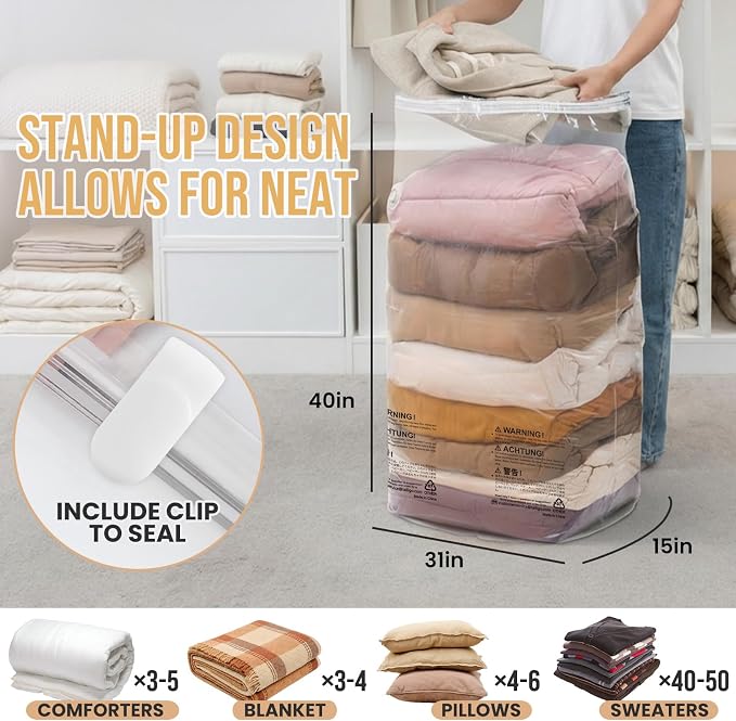 TAILI 8 Pack Vacuum Storage Bags, Jumbo Cube (31x40x15 Inch), Extra Large Vacuum Seal Bags for Bedding, Comforters, Blankets, Clothing, No Pump Compression Cube, Clear - Image 2