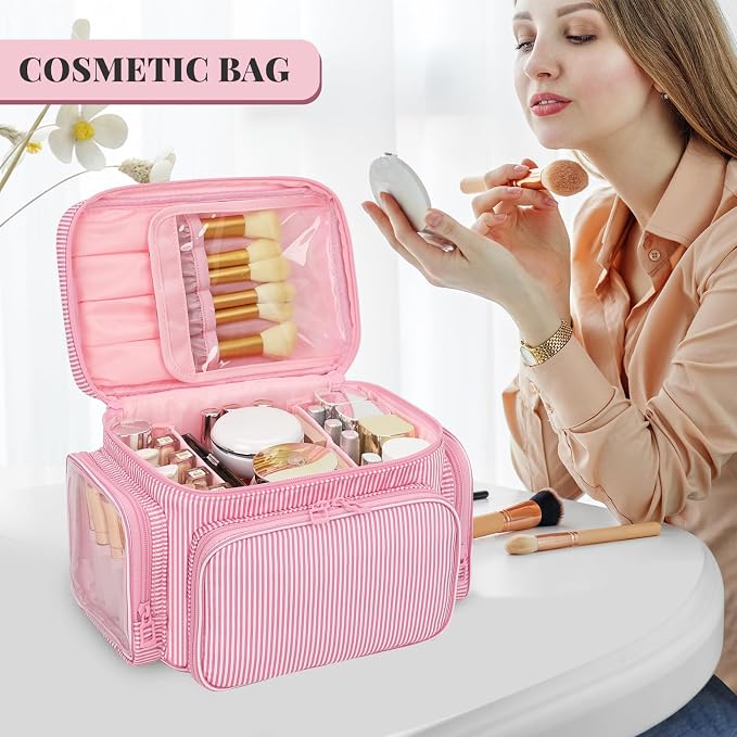 Large Makeup Bag, Portable Travel Makeup Bag Organizer for Women Girls with Makeup Brush Compartment & Two Side Pockets, Cosmetic Travel Bag Vertical Storage Toiletry Bag - Pink Stripe - Image 7