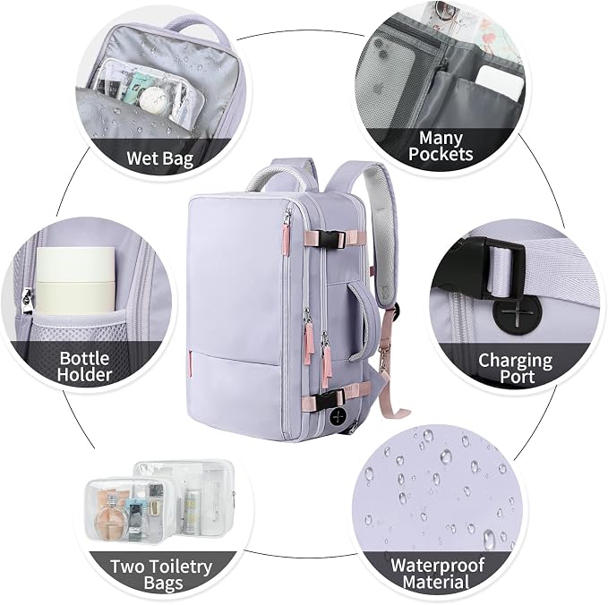 Hanples Travel Backpack for Women, 17 Inch Waterproof Laptop Backpack | 40L Large Carry on Backpack, TSA Flight Approved Anti Theft Travel Bag, Casual Daypack with 2 Toiletry Bags for Trips, Purple - Image 5