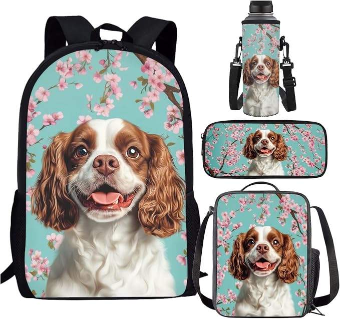 Cavalier King Charles Spaniel Dog Backpack with Lunch Box Kids Girls 6-7/7-8 Cherry Blossom Primary School Bookbags for 1st Grade Kids Book Bags Lunchbox Pencil Case Water Bottle Carrier Set by SCRAWLGODDreamWardrobe