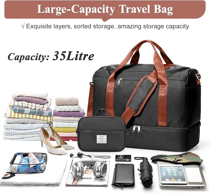 Travel Duffel Bag,Carry-On Overnight Weekender Bags with Shoes Compartment | Travel Bag with Wet Pocket & Toiletry Bag,For Spirit Airlines 18x14x8 Personal Item Bag,Small,Black & Brown - Image 3