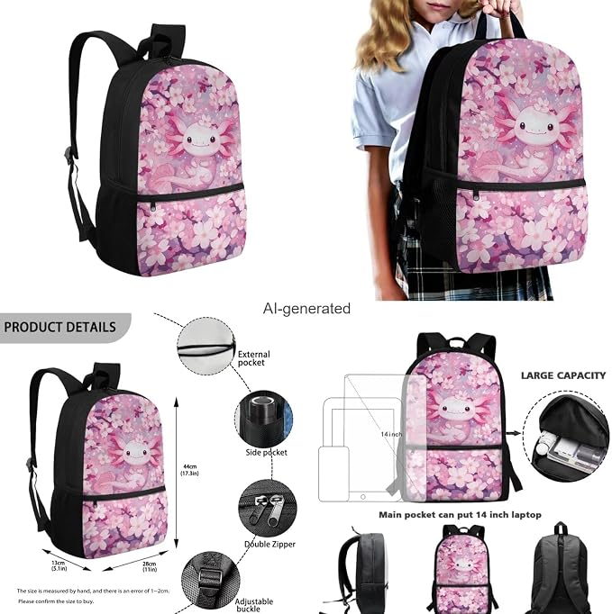 Cherry Blossom Axolotl Backpack for Girls Kids Backpack with Lunch Box Water Bottle Holder with Strap and Cute Pencil Case 4PCS Set Bookbag with Front Pocket for School 17 inch School Bag - Image 3