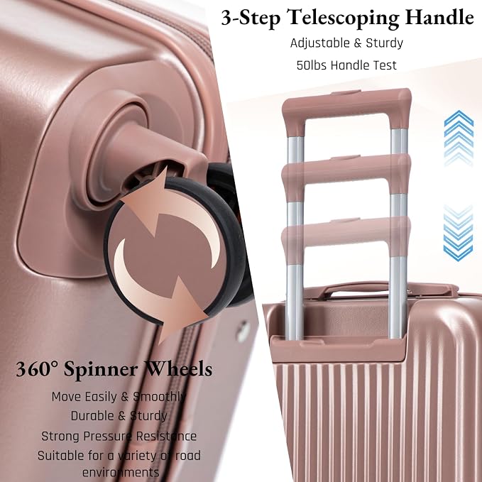 2 Pcs ABS Spinner Luggage Set with Front Opening Design, 14" Cosmetic Case & 20" Carry-On with Combination Lock For Business Trip, Champagne - Image 4