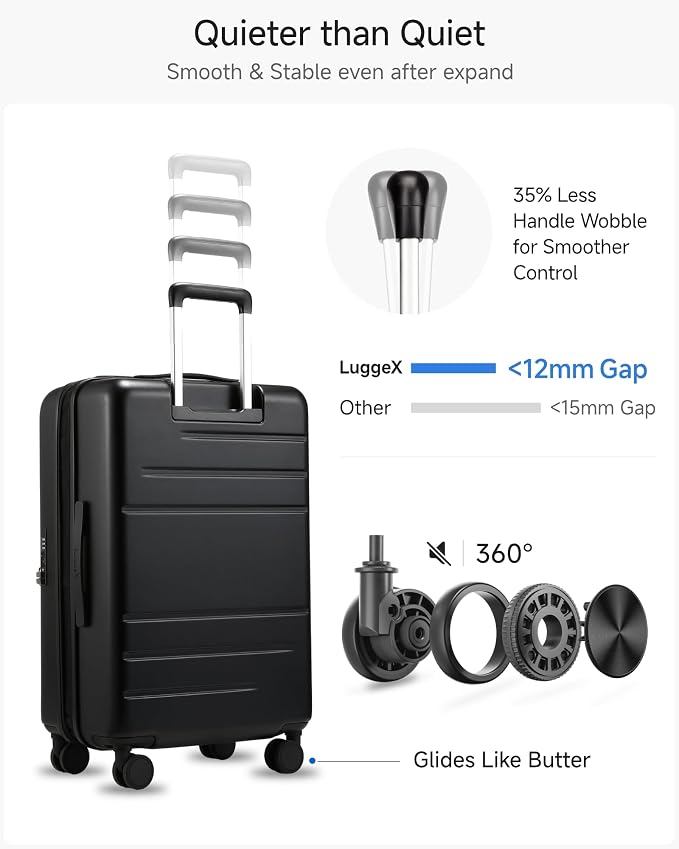 LUGGEX Checked Luggage with Spinner Wheels, FLO5 Top Opening Expandable Polycarbonate Hard Shell Suitcase with TSA Approved Lock (FX-Core, Black, 24 Inch) - Image 6