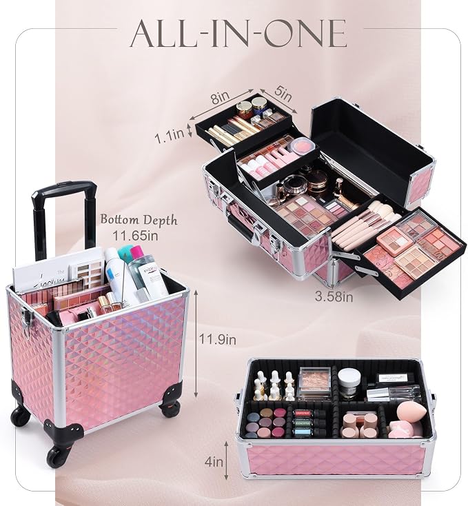 3 in 1 Professional Rolling Makeup Train Case Aluminum Trolley Case with 360° Rotation Wheels for Makuep Artist Cosmetic Suitcase Organizer with Lock and Key Diamond Pattern - Pink - Image 2