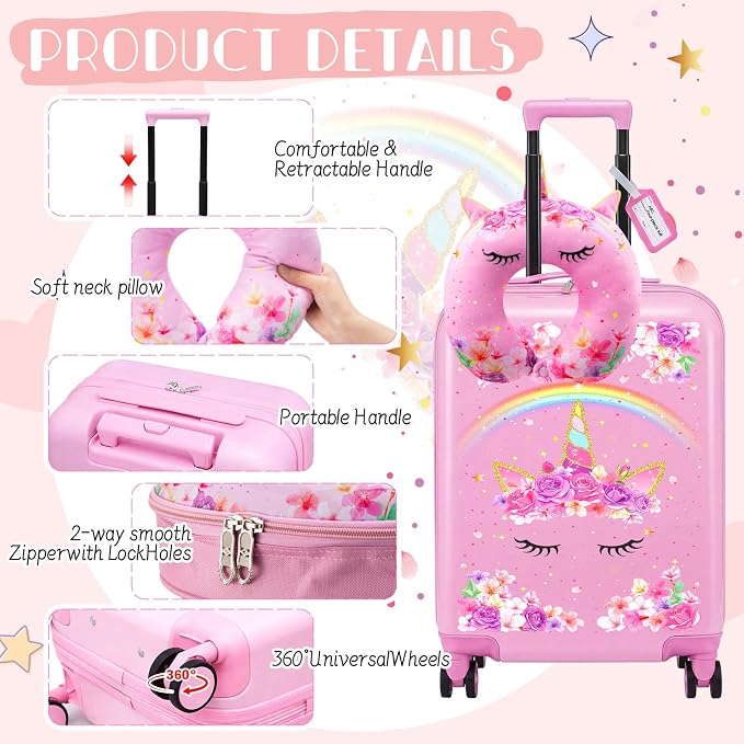 Sanwuta 4 Pcs Kids Luggage Set Back to School Gifts for Girls Boys Carry On Rolling Suitcase Backpack Neck Pillow Travel Set(18 Inch,Unicorn Rainbow Style,Pink) - Image 3