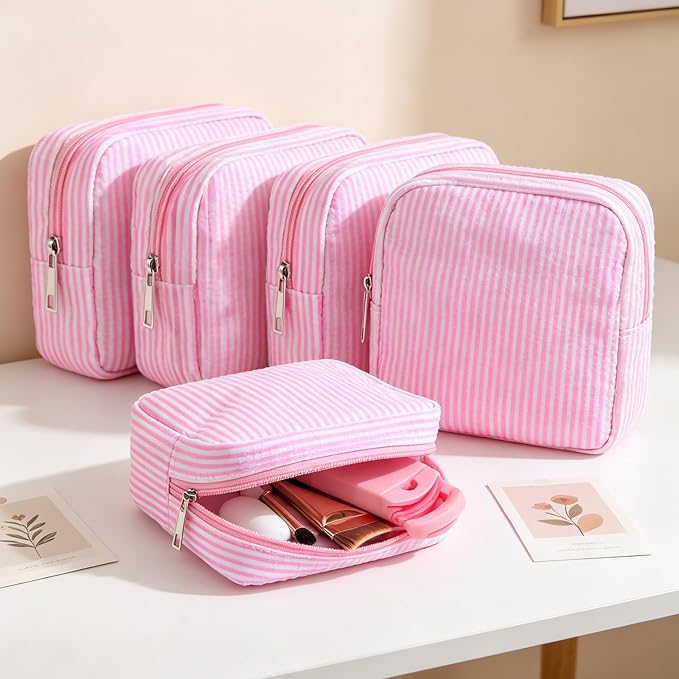 Giesiery 8 Pcs Seersucker Makeup Bags Striped Cosmetic Bags Bulk Organizer for Women Preppy Travel Toiletry Pouch for Wedding Bridesmaid Gifts (Pink, Mini) - Image 3
