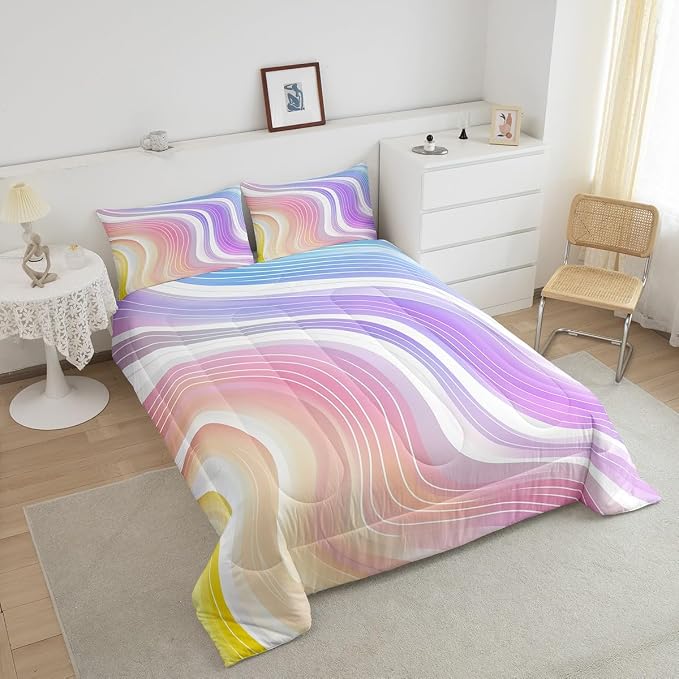 Erosebridal Kids Rainbow Comforter Set Watercolor Fluid Print Duvet Sets Queen Size, Girls Rainbow Stripe Bright Bedding Set Pink Blue Pastel Bedding Comforters 3 Pieces with 2 Pillow Cases - Image 4