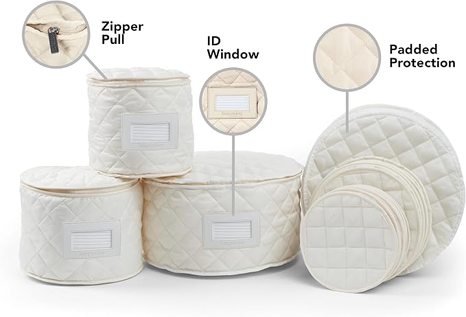 Covermates Keepsakes Dish Storage Set – Padded China & Dinnerware Storage Cases with Dividers, Cup & Stemware Storage, Quilted Polyester Protection, ID Window, Cream - Image 5