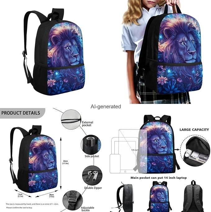 Aesthetic Lion Backpack for Kids Boys Backpack with Lunch Box Water Bottle Holder and Soft Pencil Case 4PCS Set Lightweight Bookbag with Front Pocket for School 17 inch Sturdy School Bag - Image 3