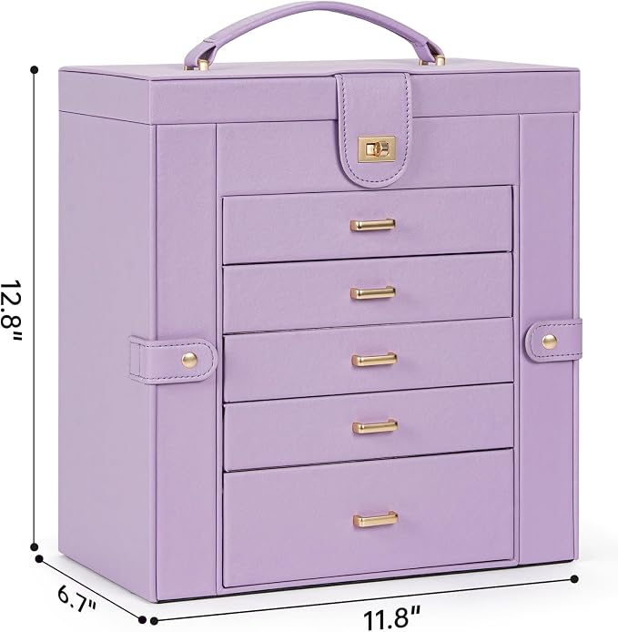 AKOZLIN 6-Tier Jewelry Box Organizer Functional 5 Drawers Leather Jewelry Storage Case for Women Girls Ring Necklace Earring Bracelet Holder Organizer with Mirror Extra Large Violet - Image 3