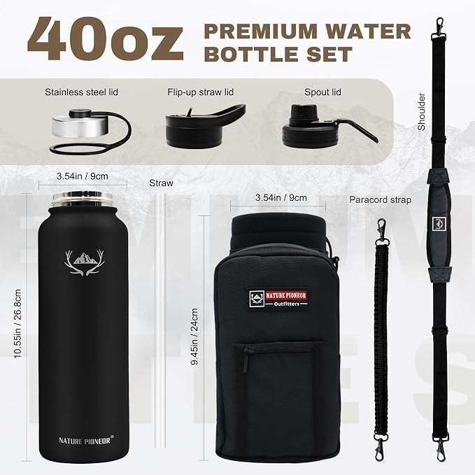 NATURE PIONEOR 40 oz Insulated Water Bottle with Carrier Bag & 3 Lids | 18/8 Food-grade Stainless Steel, Double Vacuum Insulation, 3 Leak-proof Lids, Strap, Camping, Hiking, Gym, Work - Image 6
