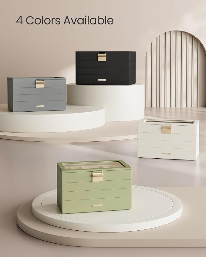 SONGMICS GISELLA Collection - Stackable Jewelry Trays, 4-Tier Jewelry Box, Drawer Jewelry Organizer, with Glass Lid, Removable Dividers, 6.7 x 11 x 7.2 Inches, Gift Idea, Cloud White UJBC164W01 - Image 9