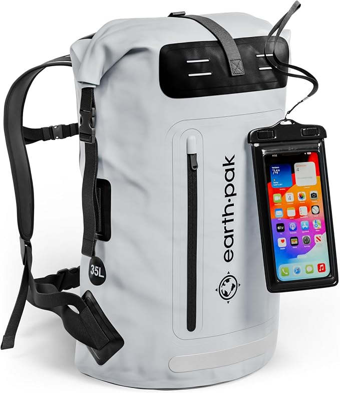 Earth Pak Waterproof Backpack - Heavy Duty Hiking Backpack - Roll-Top Closure Bag - Cushioned Dry Bag Waterproof Phone Case by earthpak