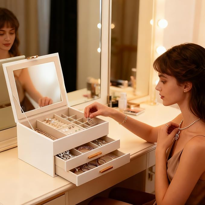 Elegant Jewelry Storage Box with Mirror 3-Tier Design with Smooth-Gliding Drawers Jewelry Organizer Perfect Christmas Birthday Gift for Wife Mom Women White - Image 7